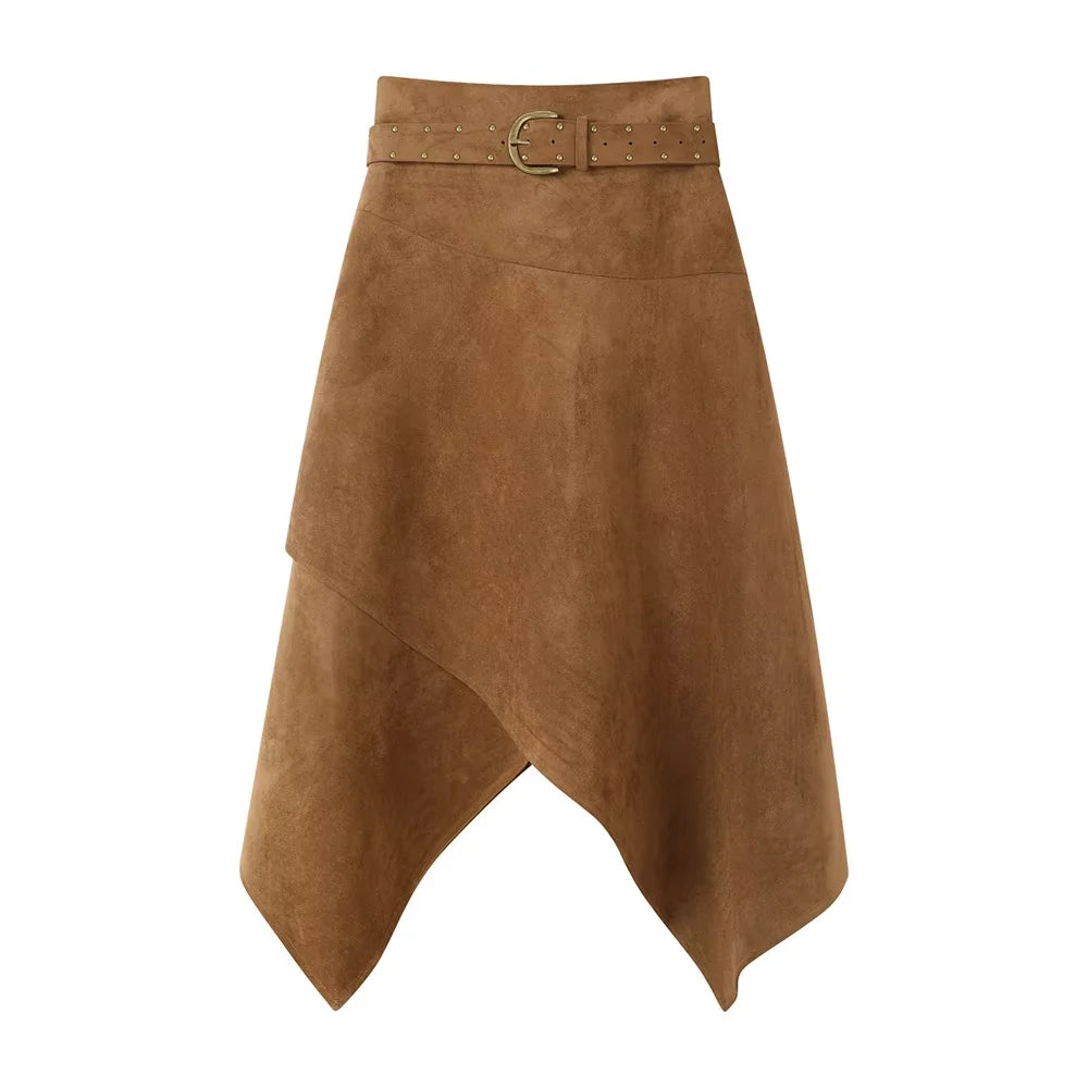 Women's Suede Midi Irregular Skirt With Belt 2000s Aesthetic French Vintage Party A-line High Street Design Maillard Korean New