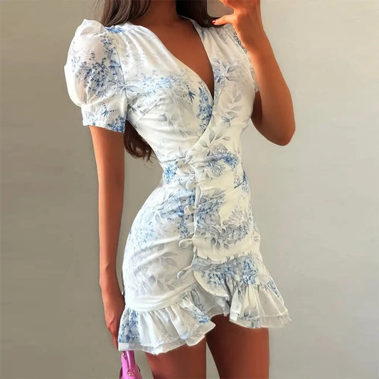 Women's Floral V-Neck Ruffle Dress