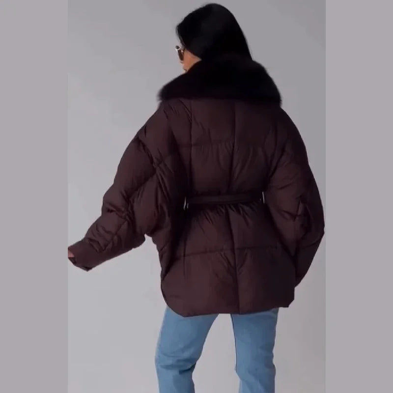 Thichen Winter Padded Coat Women Faux Fur Collar Belted Waist Tie Loose Oversized Quilted Jacket Warm Outerwear Daily Streetwear