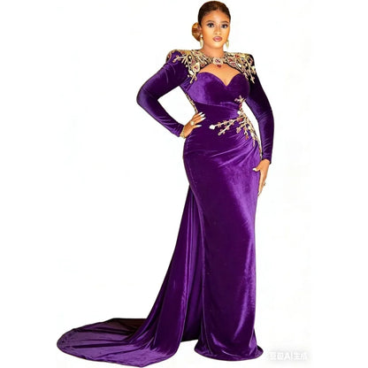 Vintage Black Velour Mermaid Evening Dresses Pretty Appliques Flowers Beaded Aso Ebi Formal Party Gown With Train Cocktail Dress