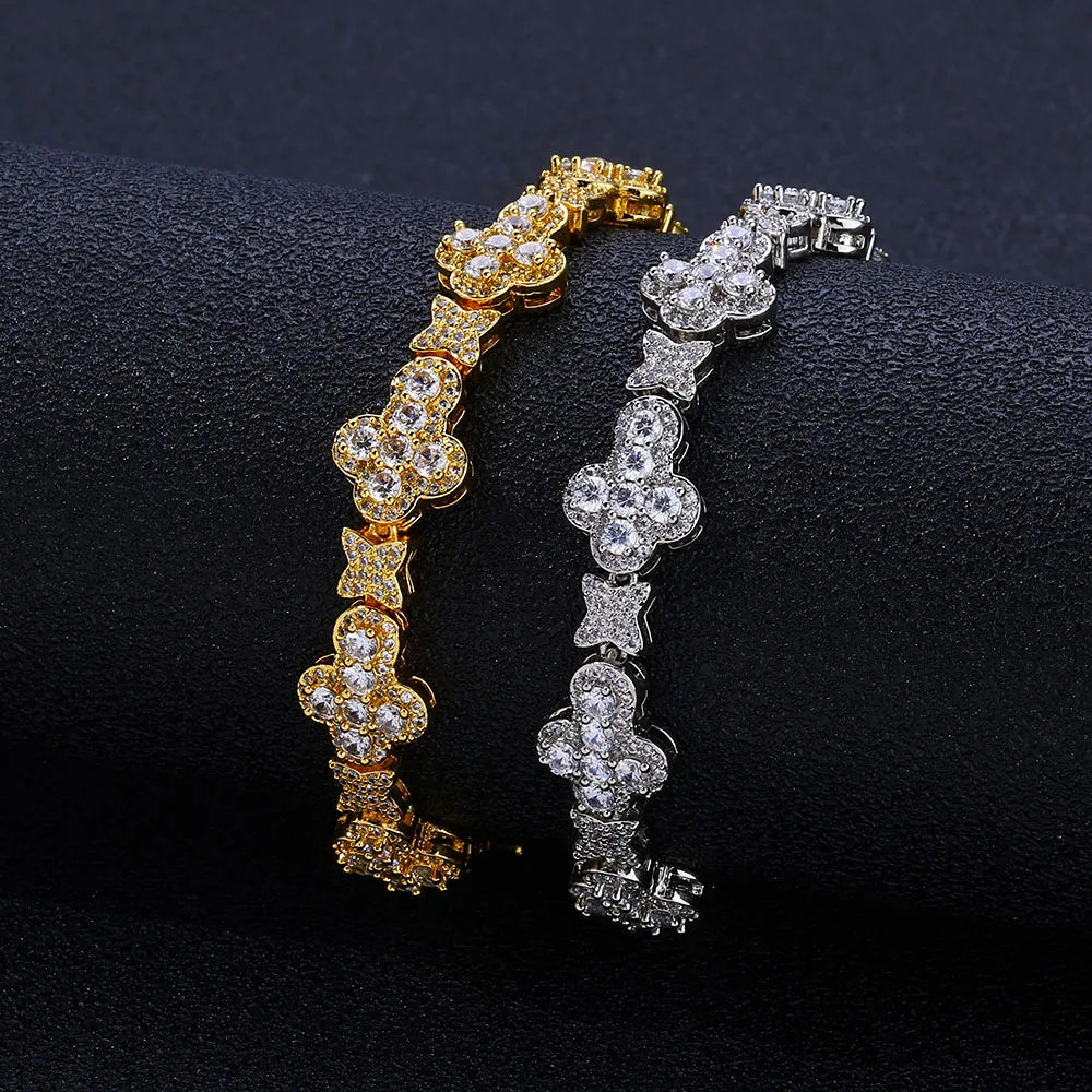 ESKEEM Trendy Niche Jewelry Hip Hop Cuban Chain 10mm Cross Flower Filled Zircon Bracelet for Men and Women