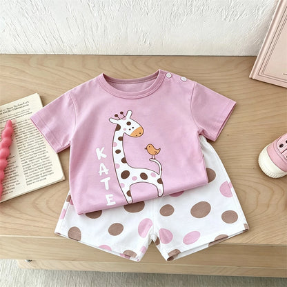 Child Short-sleeved Outfits Cartoon Tshirt+Shorts Two Piece Set Summer Clothing Lovely Tees Loose Casual Shorts Kids Costume