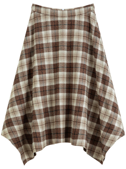 FSLE 2026 Winter Women's Vintage Plaid Print Asymmetric Full Flare Midi Skirt - Flattering Elegant Chic Versatile for Daily Wear