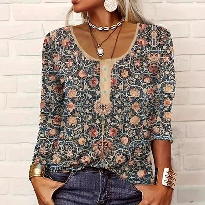 Women Long-Sleeved O-Neck Shirt Fashion Printed Casual Blouses 2025 New Spring Autumn Vintage Ethnic Style Femme Tops Plus Size