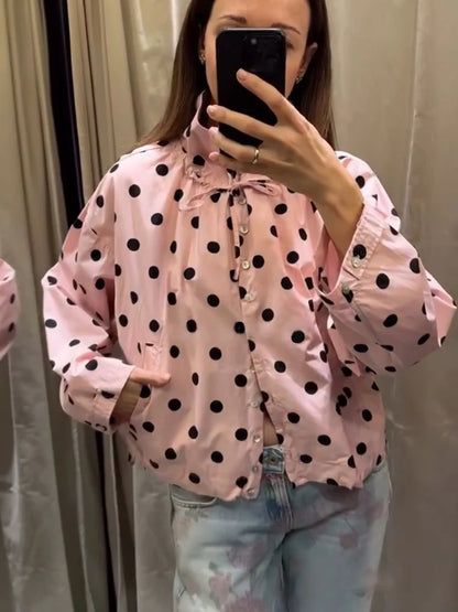 HH Woman Long Sleeve Pink Polka Dot Jacket Fashion Single Breasted High Collar Short Coat Women Spring Casual High Street Jacket
