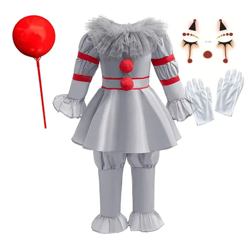 Scary Grey Joker Clown Costume for Kids Horrible Cosplay Dress Set 2026 Halloween Carnival Party Outfit Boys Girls