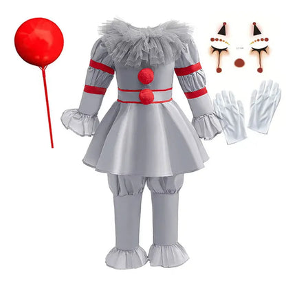 Scary Grey Joker Clown Costume for Kids Horrible Cosplay Dress Set 2026 Halloween Carnival Party Outfit Boys Girls