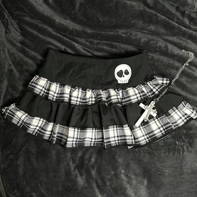 Harajuku Punk Plaid Ruffle Mini Skirt Gothic Elastic Waist Skull Chain Streetwear Y2K Lolita Women Short Skirt Women's Clothes