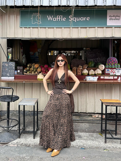 【FANGTING】Women's Leopard Print Skirt Summer Elastic Waist Chiffon High Waist Vintage Midi Skirt