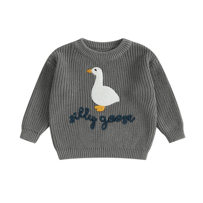 Toddler Baby Goose Sweater Animal Letter Embroidered Crewneck Long Sleeve Pullover Chunky Knit Tops