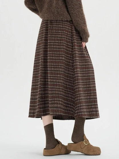 High Waist Plaid Woolen A-Line Skirt plus Size Autumn Winter New Style Retro Artistic Half-length Skirts for Women