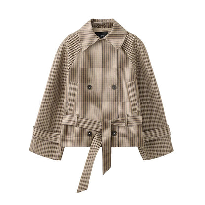Plaid Women's Outerwear Lapel Double Breasted Trench Coat Belted Raglan Sleeve Jacket French Vintage Style Daily Fashion Wear