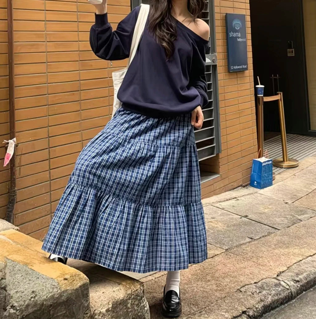 Women Vintage Blue Plaid Tiered Long Skirt High Waist Loose Pleated Maxi Skirt Casual A Line Flowy Ruffled Hem Midi Skirt Street