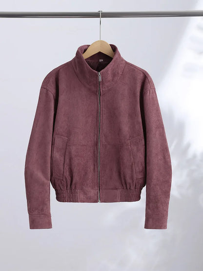 Women Dusty Faux Suede Bomber Jacket Stand Collar Zip Up Loose Drop Shoulder Elastic Hem Casual Fall Outerwear 2026 Fashion Coat
