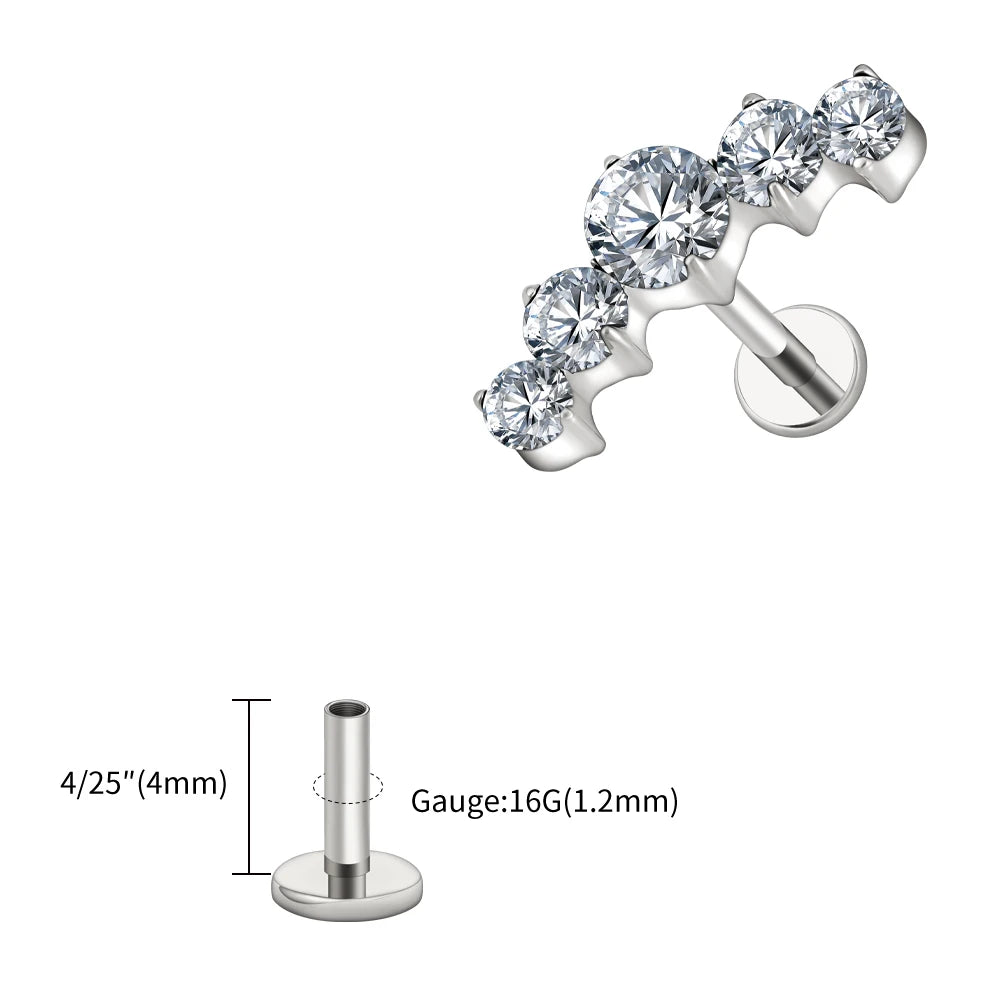 Right Grand ASTM F136 Titanium 16G CZ Cluster Flat Back Labret Stud Curved CZ Bar Climber Earring Helix Cartilage Stud Piercing