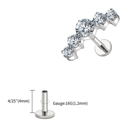 Right Grand ASTM F136 Titanium 16G CZ Cluster Flat Back Labret Stud Curved CZ Bar Climber Earring Helix Cartilage Stud Piercing