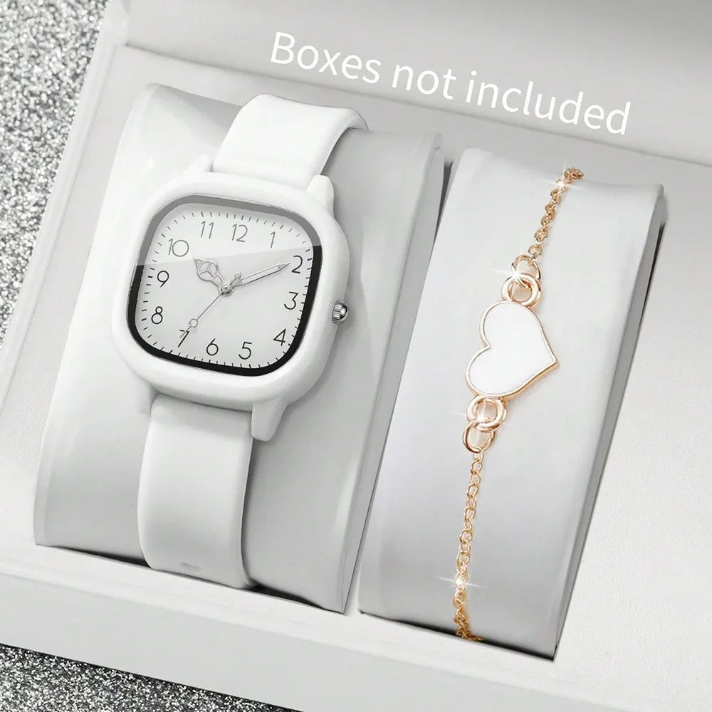 2PCS/Set Square Dial Women Quartz Watch Silicone Strap Quartz Movement Women Watch Heart Bracelet Arabic Dial Watch Women Girl