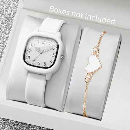 2PCS/Set Square Dial Women Quartz Watch Silicone Strap Quartz Movement Women Watch Heart Bracelet Arabic Dial Watch Women Girl