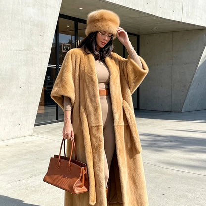 Women Faux Fur Shawl Collar Maxi Coat 3/4 Sleeve Open Front Self-Tie Belt Loose Fit Vintage Warm Jacket Luxury Ladies Outerwear