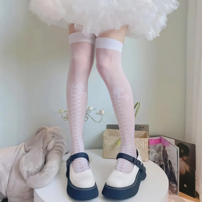 Sweet Lolita Leggings Japanese Girl's Bow Cross Tie White High Stockings JK Love Poker Women's Ultrathin Black Sexy Knee Socks
