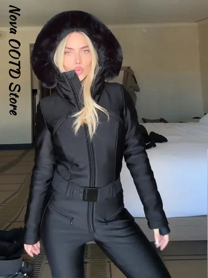 Winter Women's Black Fur Hooded Belted Ski Jumpsuit Slim Fit Waterproof Windproof Skiwear 2026 Lady Warm Sport Snow Bodysuit New