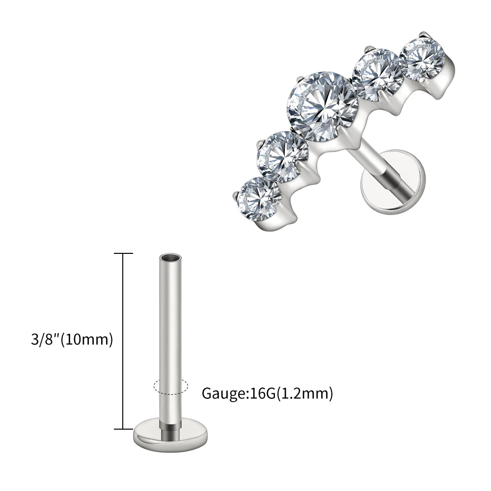 Right Grand ASTM F136 Titanium 16G CZ Cluster Flat Back Labret Stud Curved CZ Bar Climber Earring Helix Cartilage Stud Piercing