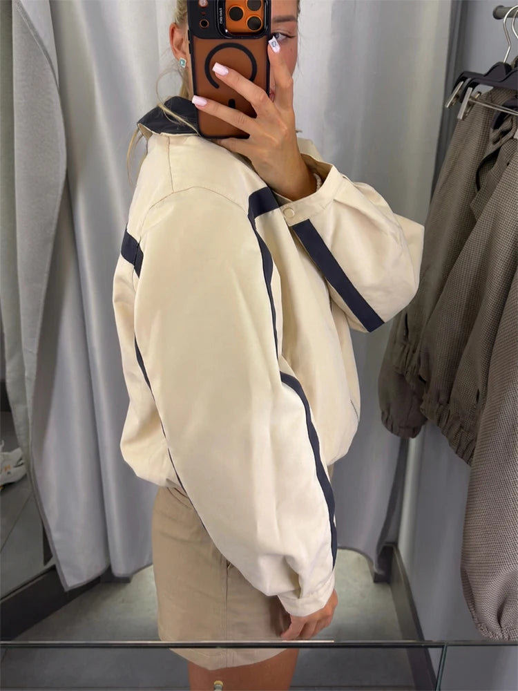 Women Color Block Jacket Casual Half Zip Collar Navy Striped Oversize Long Sleeve Sport Jackets Autumn Chic Street Wear New 2026