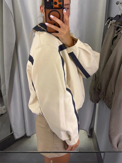 Women Color Block Jacket Casual Half Zip Collar Navy Striped Oversize Long Sleeve Sport Jackets Autumn Chic Street Wear New 2026