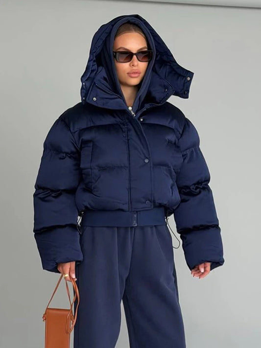 Solid Hooded Cropped Puffer Jacket Women Stand Collar Snap Button Loose Long Sleeve Jackets 2026 Winter Casual Warm Padded Coat