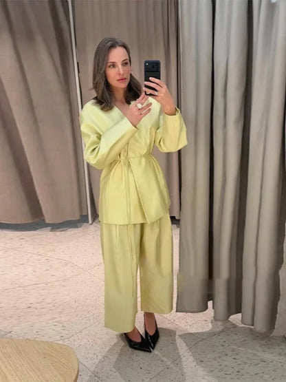 Women's Elegant Coat Pant Sets Full Sleeve V Lace Top Wide Leg Pants Female Suits 2026 Spring Summer Solid Satin Lady Set