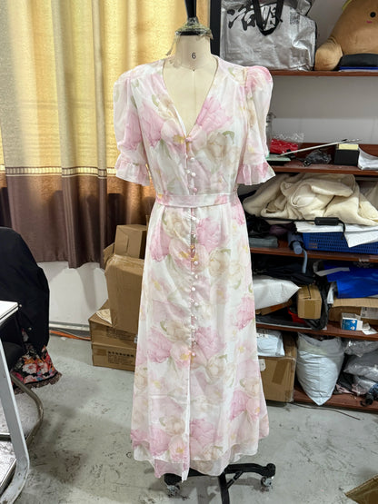 Organza Floral Printed Maxi Dress Women V Neck High Split Puff Sleeve Waist Cinching Ruffle Long Dresses Vacation Summer Outfits