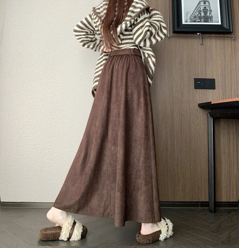 Qiukichonson Mid Long Skirts Womens Suede Skirt 2026 Autumn Winter Korea Vintage High Waist Ruffle Pleated Skirts Maxi With Belt