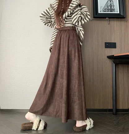 Qiukichonson Mid Long Skirts Womens Suede Skirt 2026 Autumn Winter Korea Vintage High Waist Ruffle Pleated Skirts Maxi With Belt