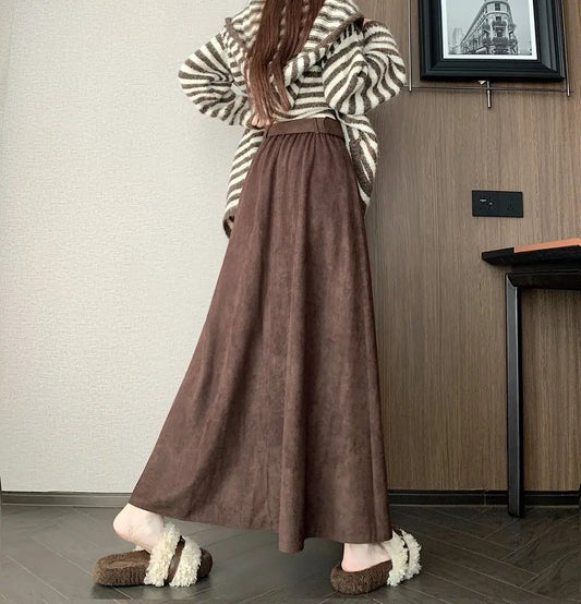 Qiukichonson Mid Long Skirts Womens Suede Skirt 2026 Autumn Winter Korea Vintage High Waist Ruffle Pleated Skirts Maxi With Belt