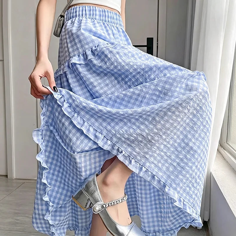 Spring Women Skirts Summer Casual Plaid Midi Skirts for Women Autumn High Waist A-line Cake Skirts Female College Girls Clothing