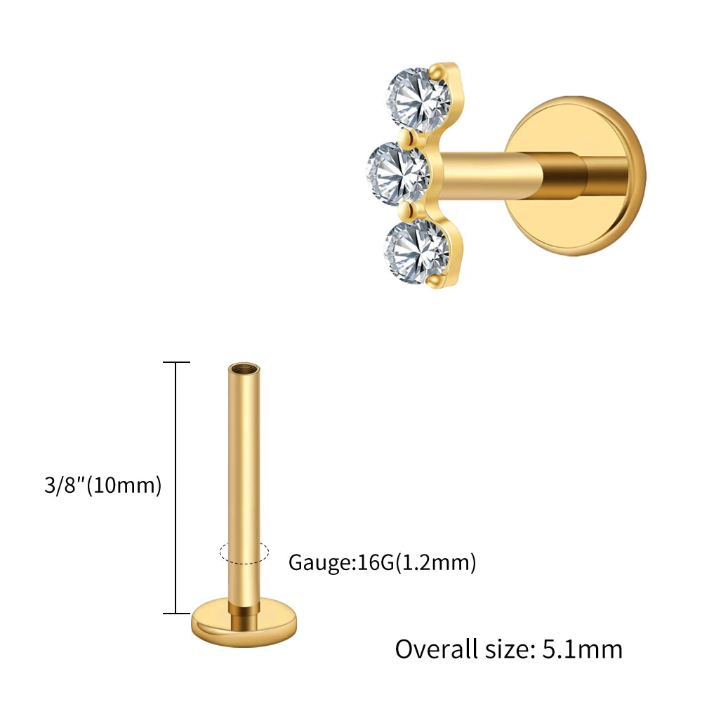 Right Grand ASTM F136 Titanium Triple CZ Helix Tragus Flat Back Earring 16G Dainty Ear Climber Cartilage Stud Piercing Jewelry