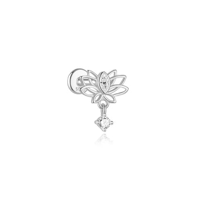 AIDE 925 Sterling Silver Shiny Hollow Lotus Flower Crown Flat Back Internal Thread Piercing Earring For Women INS Dainty Luxury