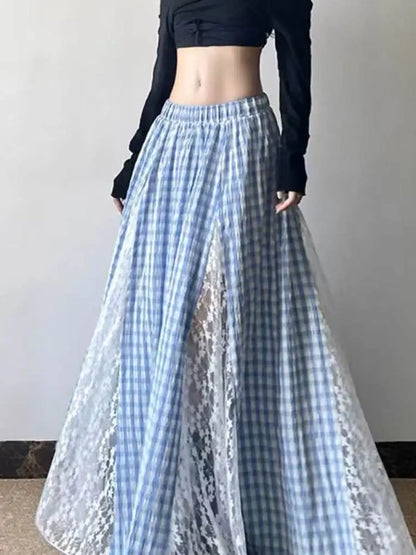 Elegant Blue Plaid Lace Patchwork High Waist Midi Skirt Slimming Unique Design Korean Style Casual Commute Long Skirt