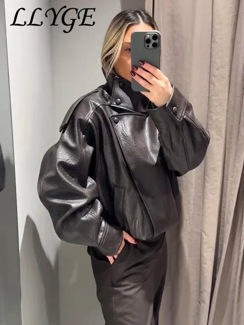 Fashion Stand Collar Women's Leather Jacket Loose Aasymmetric Zipper Buttons Full Sleeve Coat 2026 Spring Lady Biker Streetwear