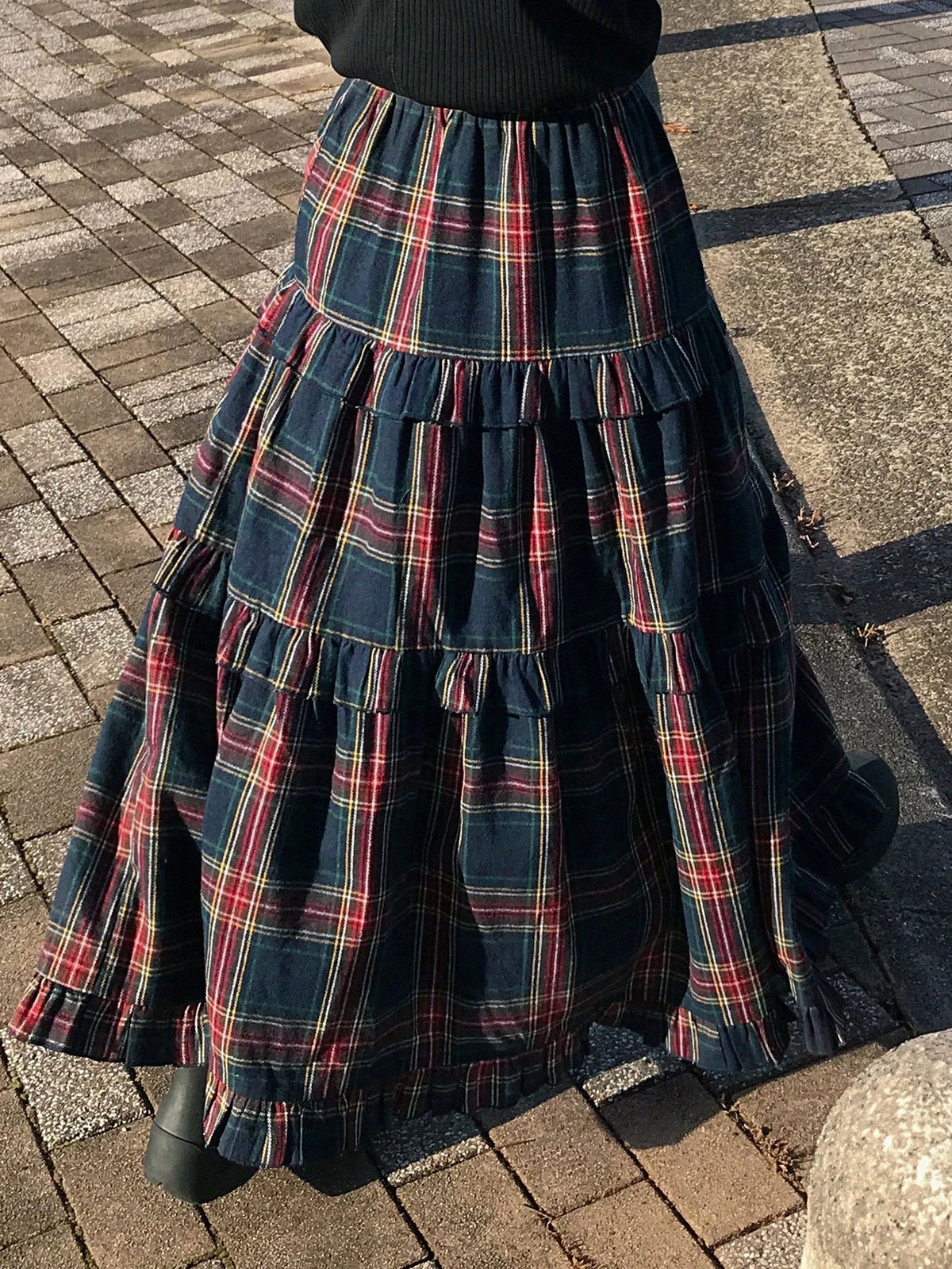 Women's Plaid Maxi Skirt, Ruched & Ruffled Design, Elastic Waist Casual Elegant Long Skirt
