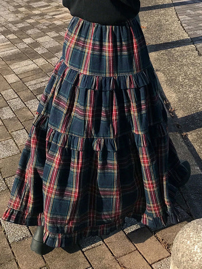 Women's Plaid Maxi Skirt, Ruched & Ruffled Design, Elastic Waist Casual Elegant Long Skirt
