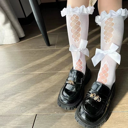 Girls Long Tube Lace Stockings Sweet Bow Jacquard Pattern Mesh Sock Baby Girl Ballet Fishing Net Frilly Socks Lolita Leggings