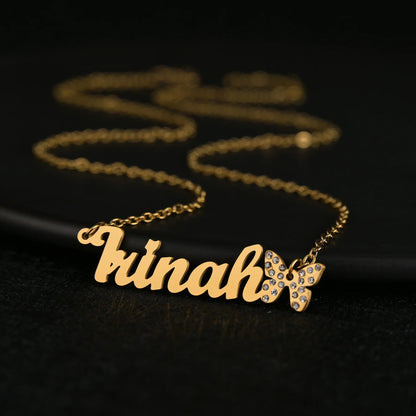 Atoztide Multiple Custom Name Frosted Necklaces Full Stone Butterfly Chain Stainless Steel for Women Pendant Jewelry Gifts