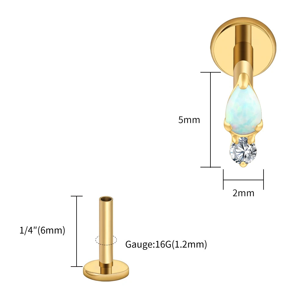 Right Grand ASTM F136 Titanium Teardrop Opal Cartilage Earring 16G Tiny Round CZ Forward Helix Labret Stud Piercing Jewelry