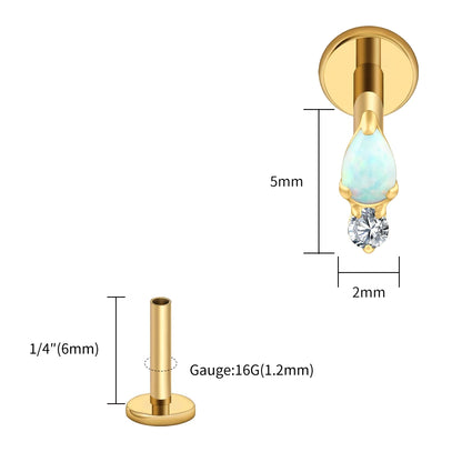 Right Grand ASTM F136 Titanium Teardrop Opal Cartilage Earring 16G Tiny Round CZ Forward Helix Labret Stud Piercing Jewelry