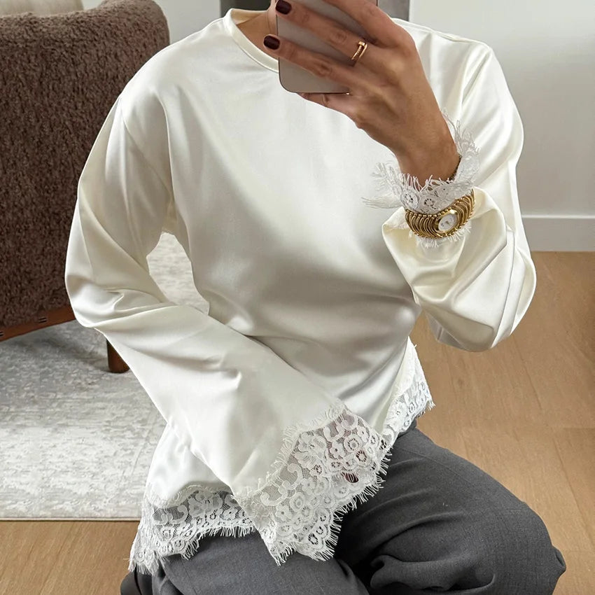 Linad Elegant White Lace Flare Sleeve Woman Blouse 2026 Vintage Satin Asymmetrical Shirts Female Casual O Neck Pullover Tops