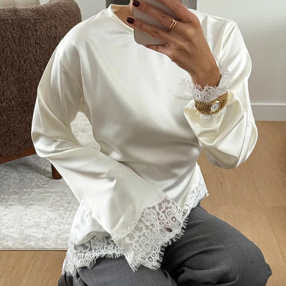 Linad Elegant White Lace Flare Sleeve Woman Blouse 2026 Vintage Satin Asymmetrical Shirts Female Casual O Neck Pullover Tops