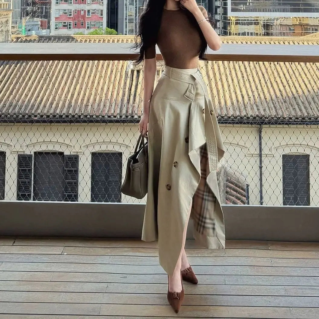 High-end British-style Design High-waisted Asymmetrical Large Size Skirt Plaid A-line Umbrella Skirt