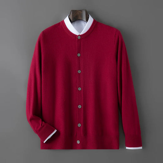 100% wool knitted round neck cardigan men's sweater small coat early autumn new long sleeve loose outside.