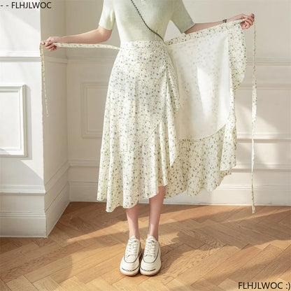 2025 Chic Korea Clothes Summer Women Cute Sweet GIrl Floral Robe Holiday Date High Waist Retro Vintage One-Piece Lace-Up Skirts
